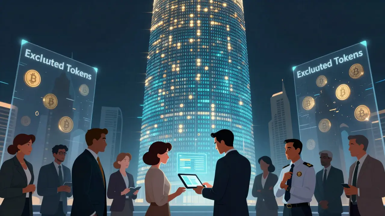 A Doha tower made of digital ownership tokens, with investors examining holographic deeds under regulated conditions.