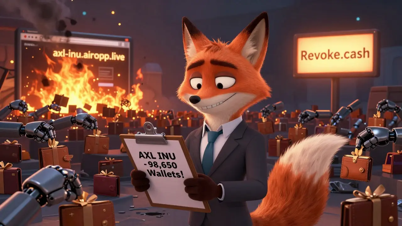 A fox-like scammer stuffing wallets while a fake website burns, with 'Revoke.cash' glowing nearby.