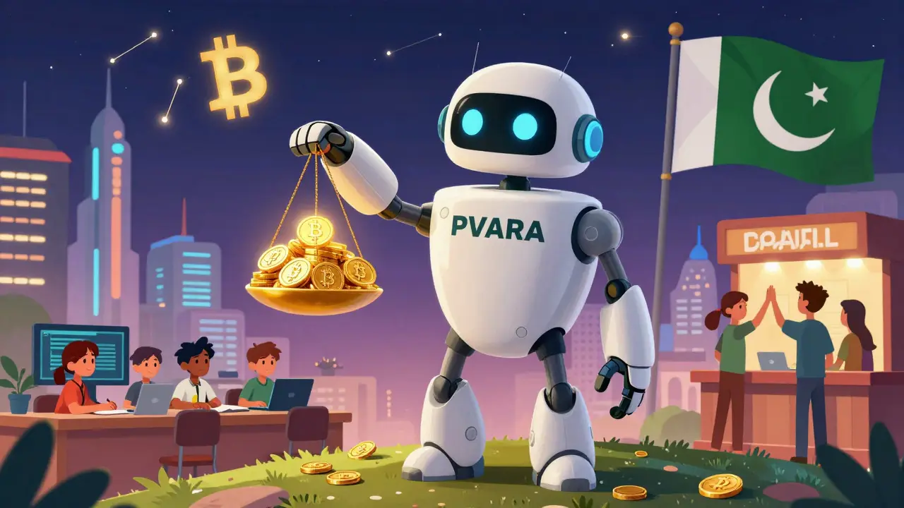A friendly PVARA robot balances gold and crypto tokens, with students learning blockchain in the background.