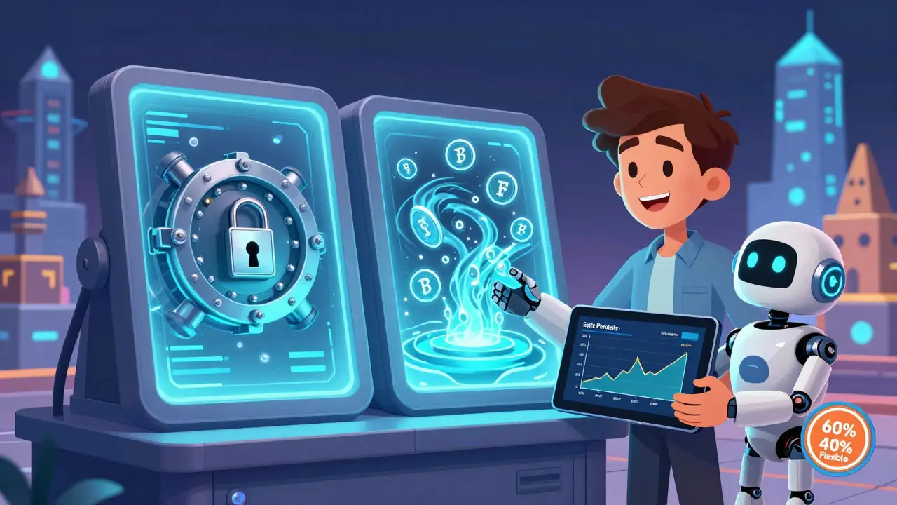 A futuristic staking station showing locked and liquid staking side by side, with a user receiving a hybrid portfolio badge.