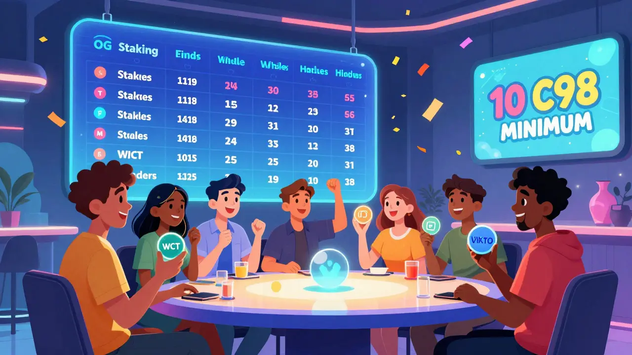 A group of people celebrate with different crypto tokens at a glowing table, with a bonus tier leaderboard in the background.