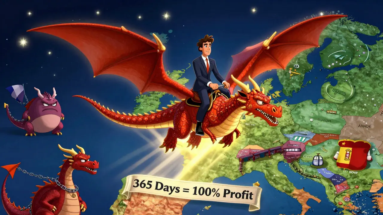 A hero riding a crypto dragon over Europe, leaving taxed countries behind as Portugal glows warmly below.
