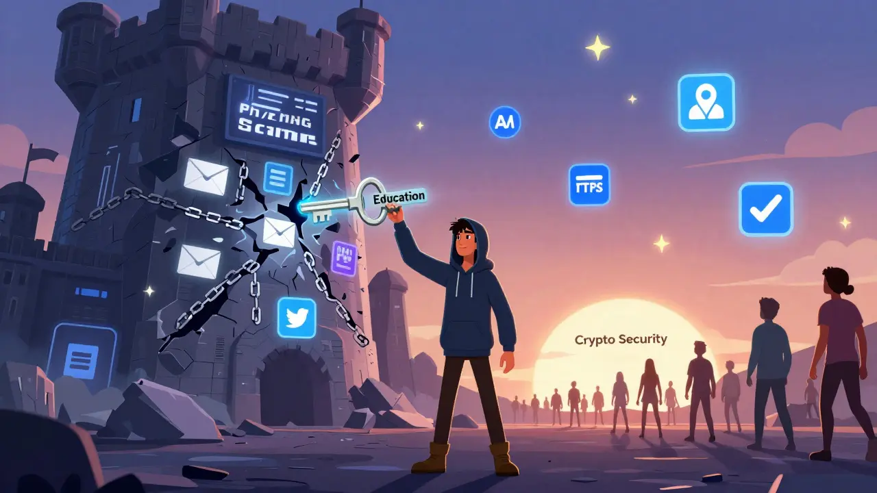 A hero using education to destroy phishing scams, leading others to safety under a secure crypto horizon.