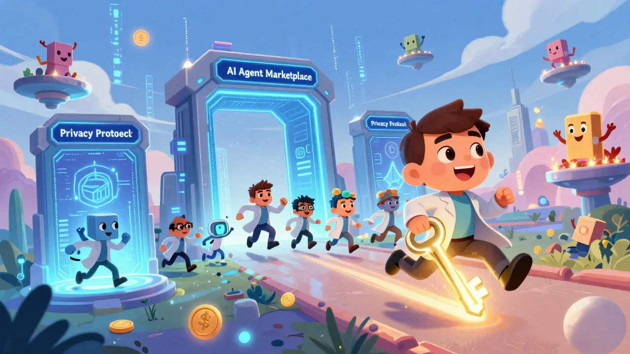 A heroic $D key flies through digital portals as developers build an AI gateway in a whimsical cyberland.