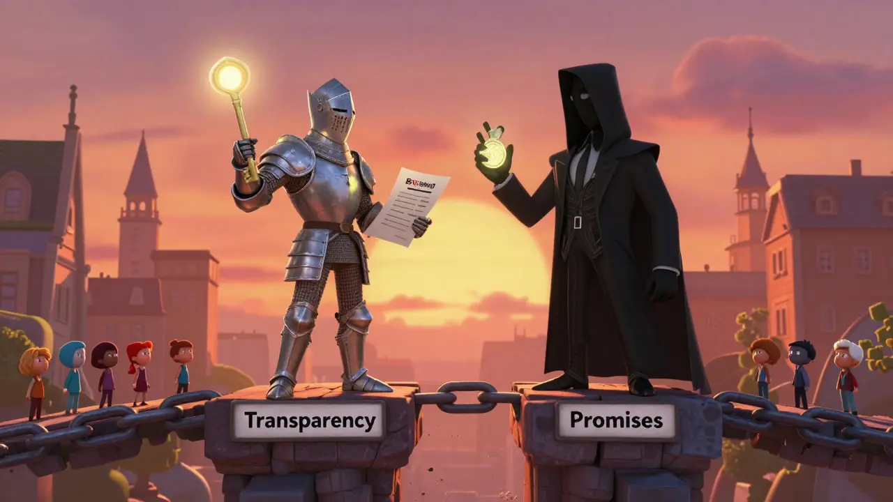 A heroic knight with an audit report versus a shadowy figure holding a hollow token, on a blockchain bridge.