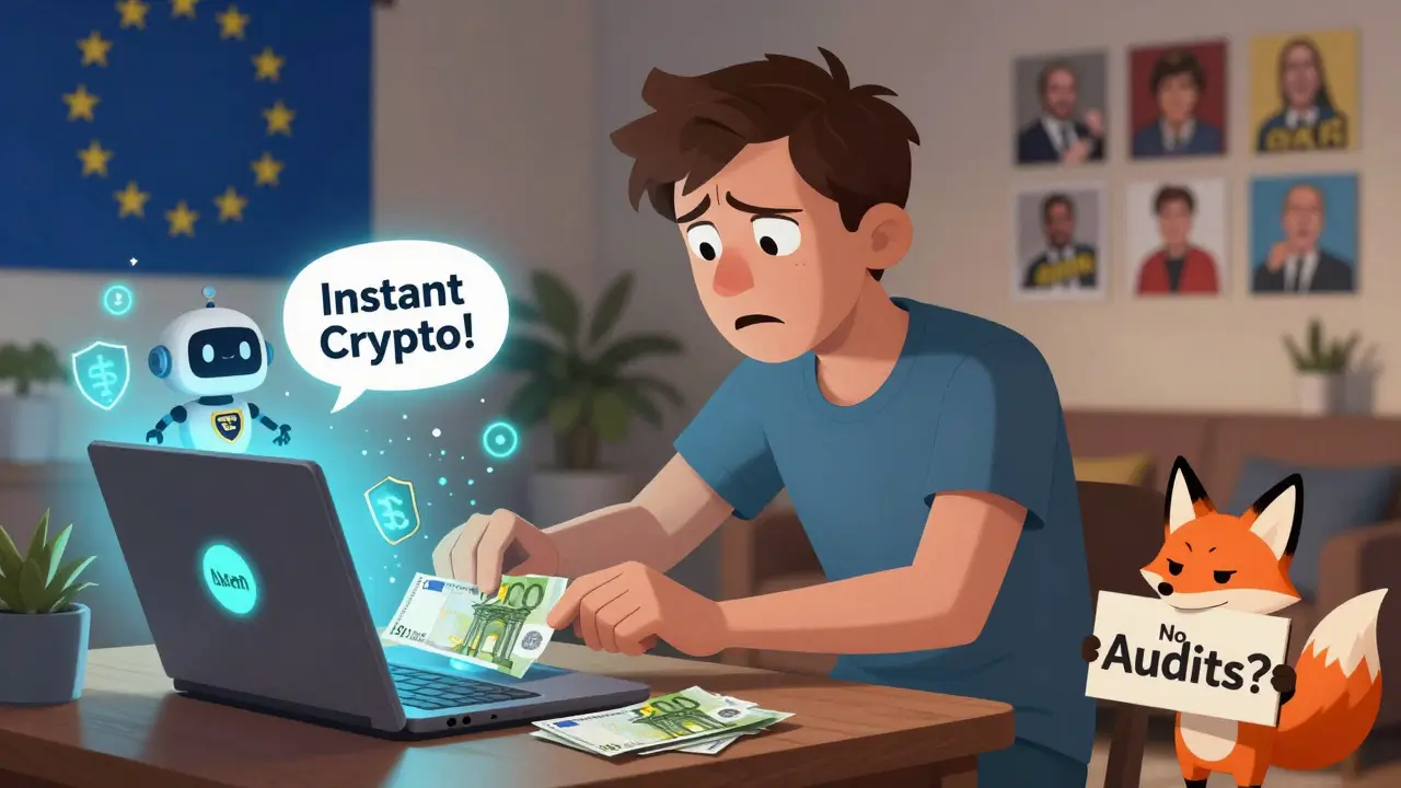 A nervous person using a laptop to convert euros to crypto, with a skeptical fox peeking out underneath.