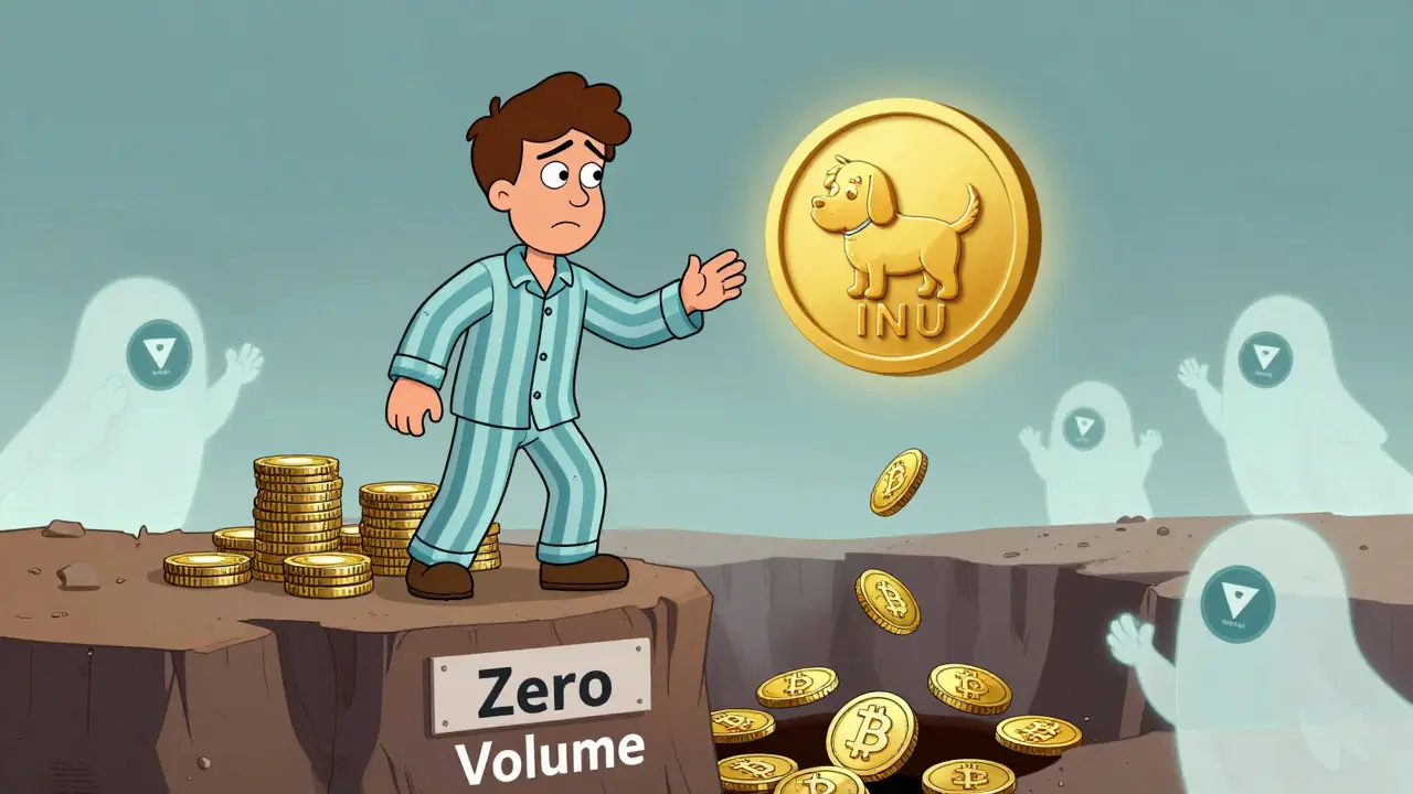 A person reaching for a fake crypto token while falling into a pit labeled 'Zero Trading Volume'.