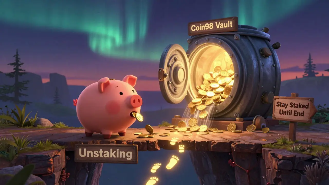 A piggy bank wallet walks across a bridge toward a glowing vault, with tokens falling from above in a DreamWorks illustration.