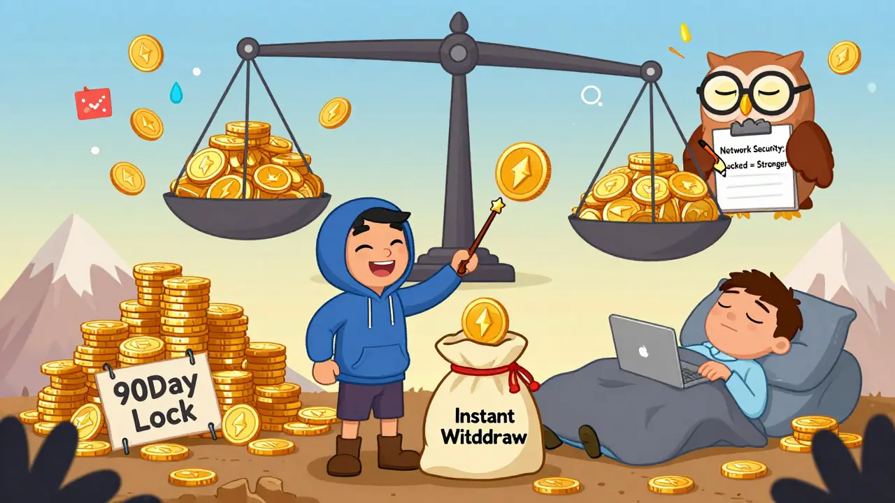 A trader pulling coins from flexible staking while a long-term holder sleeps on locked coins, with a scale balancing rewards and security.