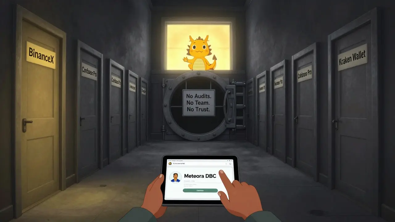 A user clicks a misleading link that leads to a hallway of fake crypto exchanges, ending in a locked vault labeled 'No Trust'.