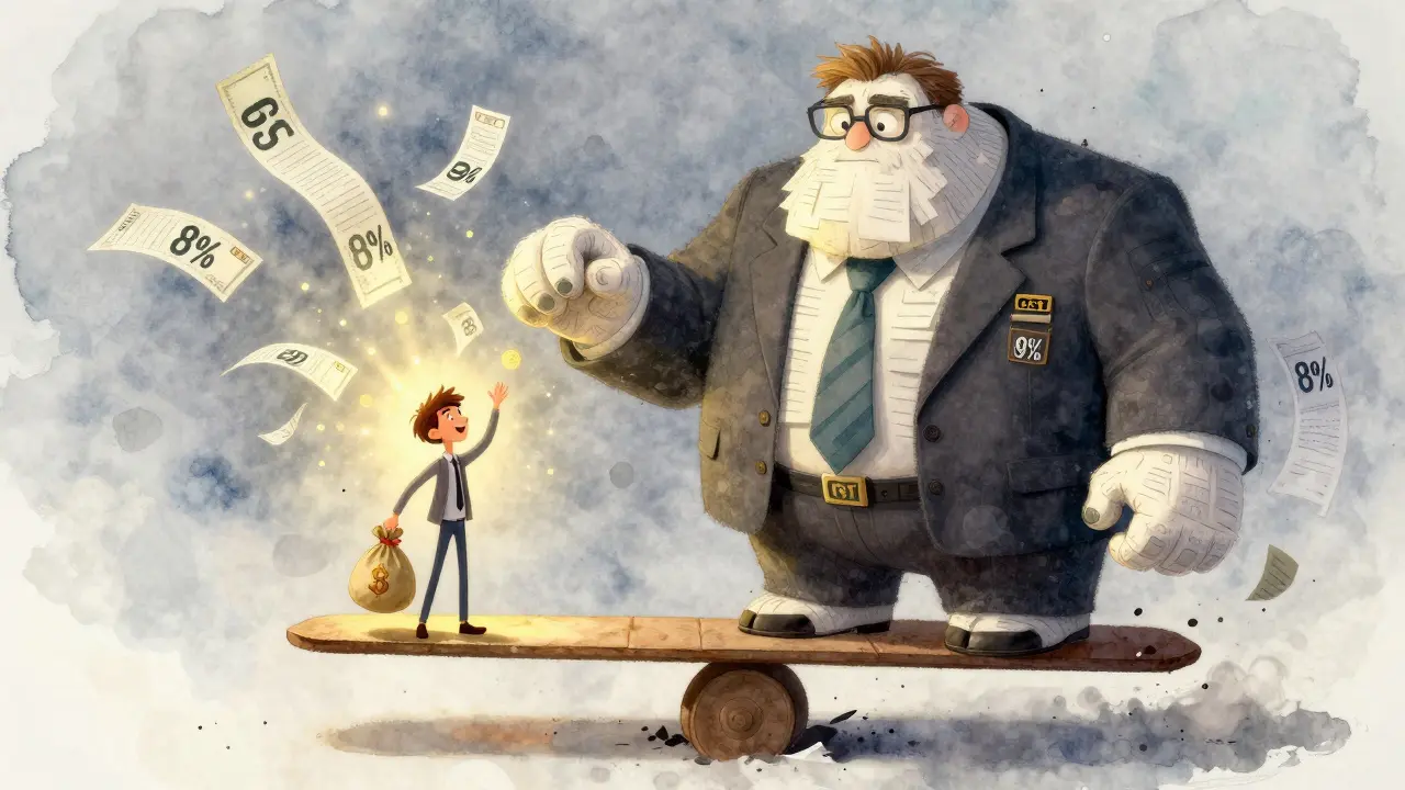 A whimsical scale balancing a happy crypto investor against a crumbling tax monster, with GST receipts floating away.