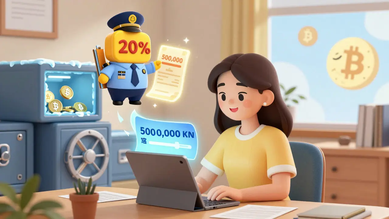 A woman watching her crypto portfolio grow, with a friendly tax officer icon and cold storage vaults in the background.
