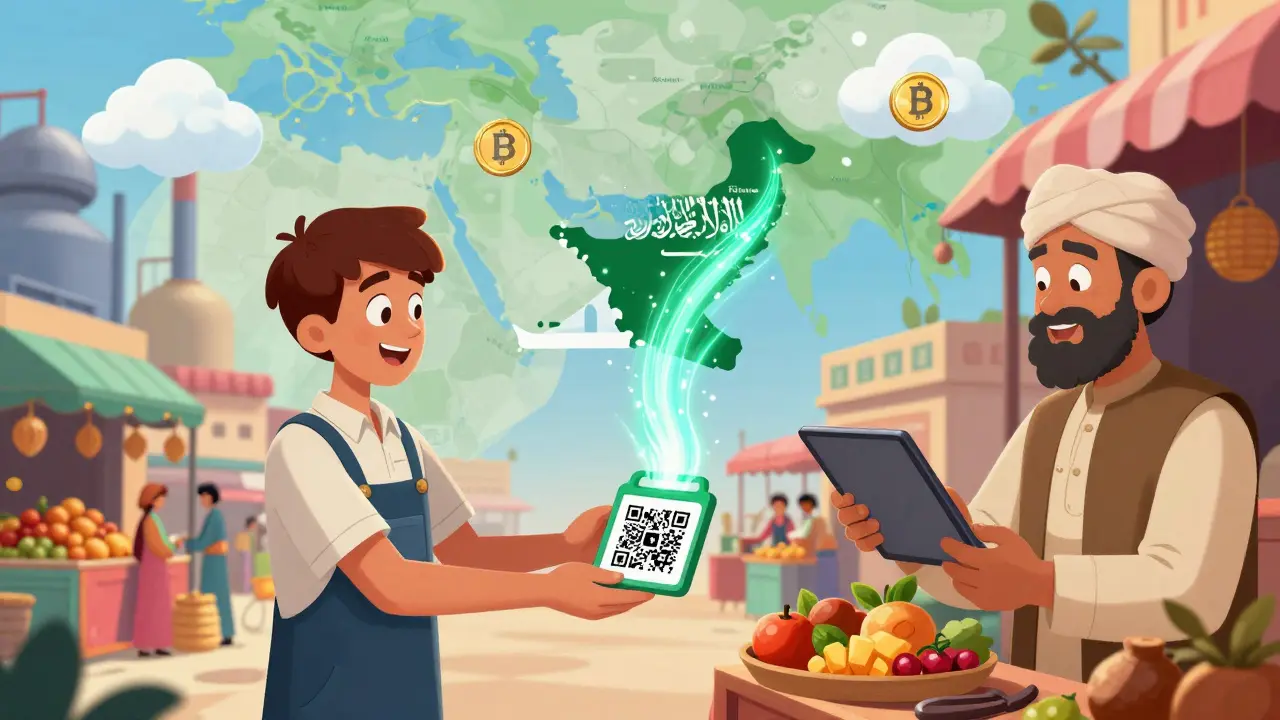 A worker pays a street vendor with a QR code for USDT, while digital money flows from Saudi Arabia to Pakistan.
