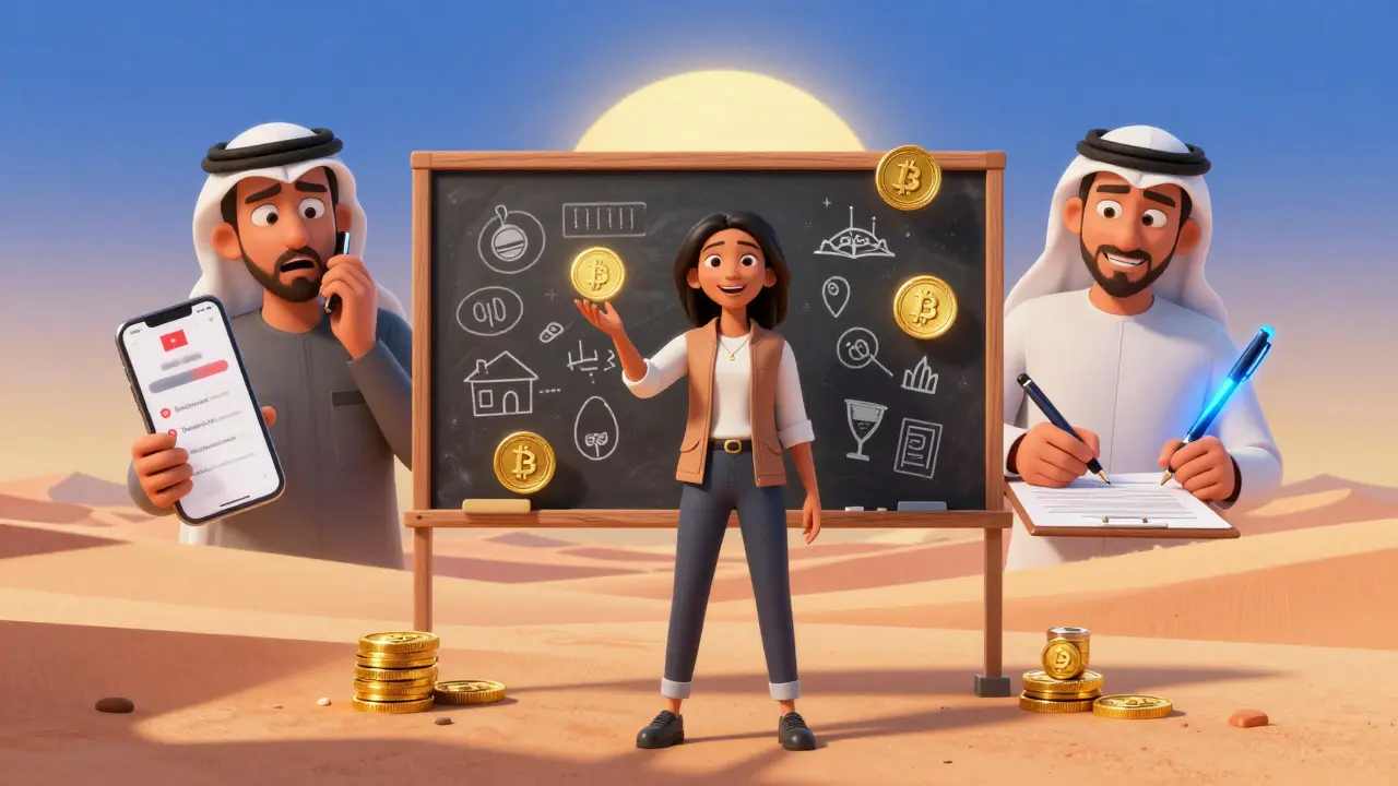 A young entrepreneur stands between banned crypto and legal tokenized assets, symbolizing Qatar's financial divide.