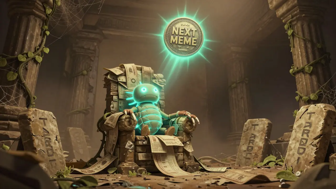 An abandoned digital temple with a lone tardigrade puppet on a throne of old exchange receipts.