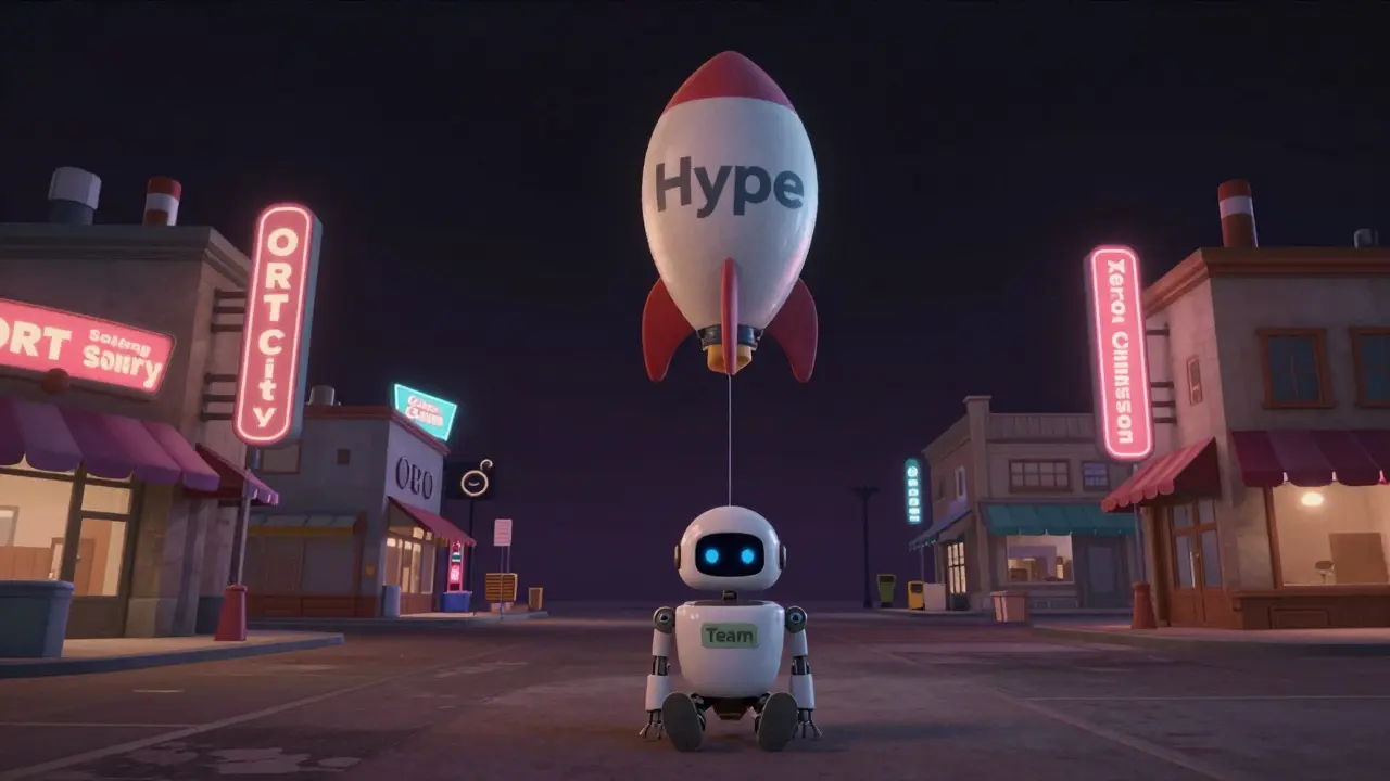 An abandoned digital town with empty stores, a silent robot, and a deflated 'Hype' balloon drifting into darkness.