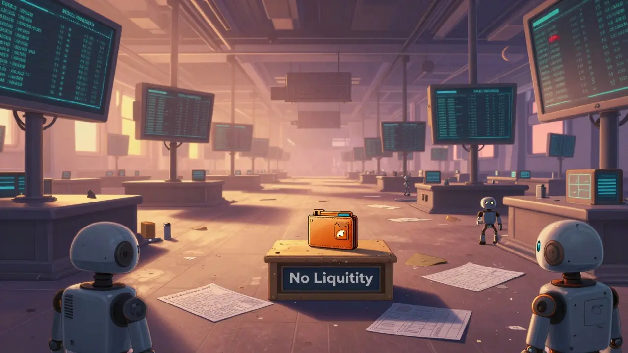 An empty crypto exchange with a single tiny wallet on a dusty shelf.