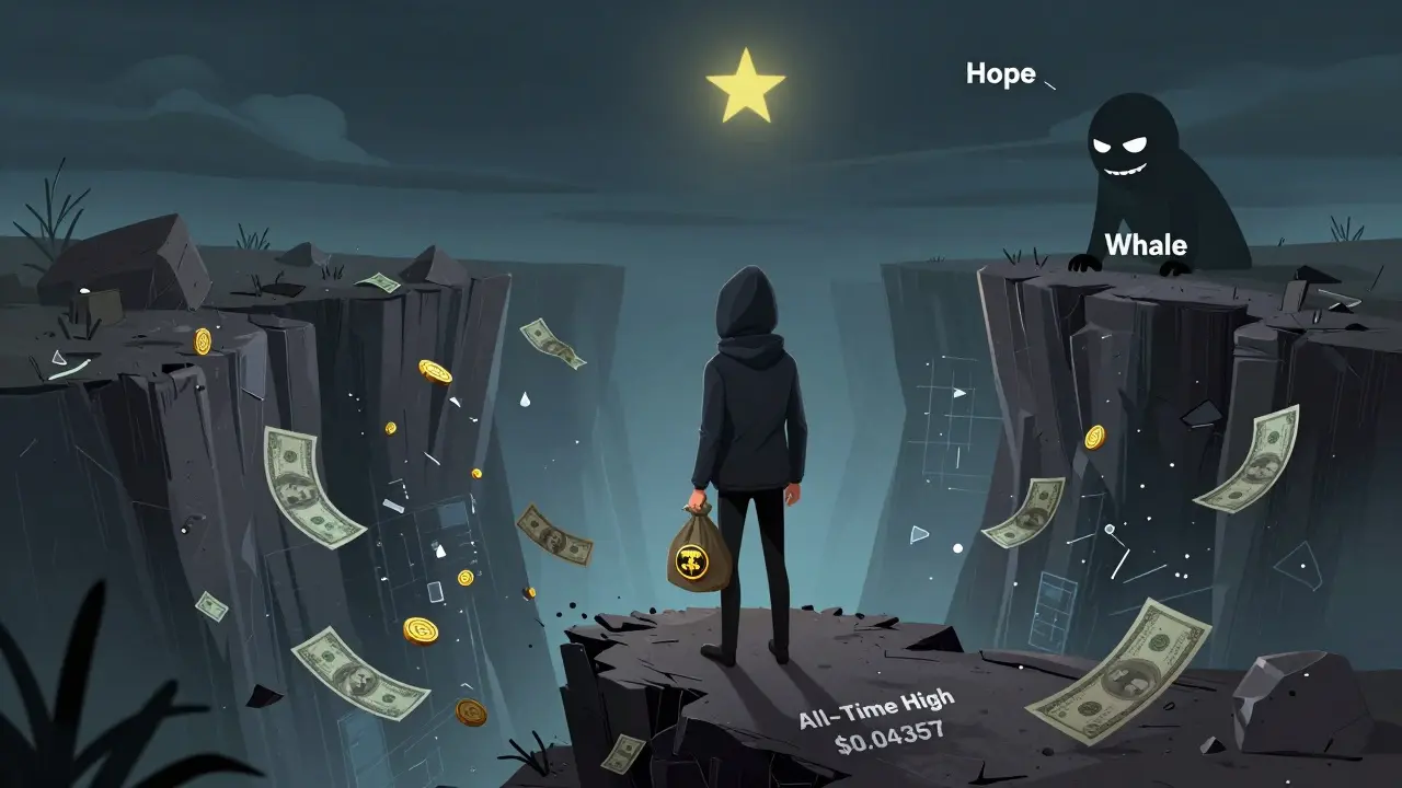 An investor on a crumbling cliff looking down at falling money, with a shadowy whale watching above.