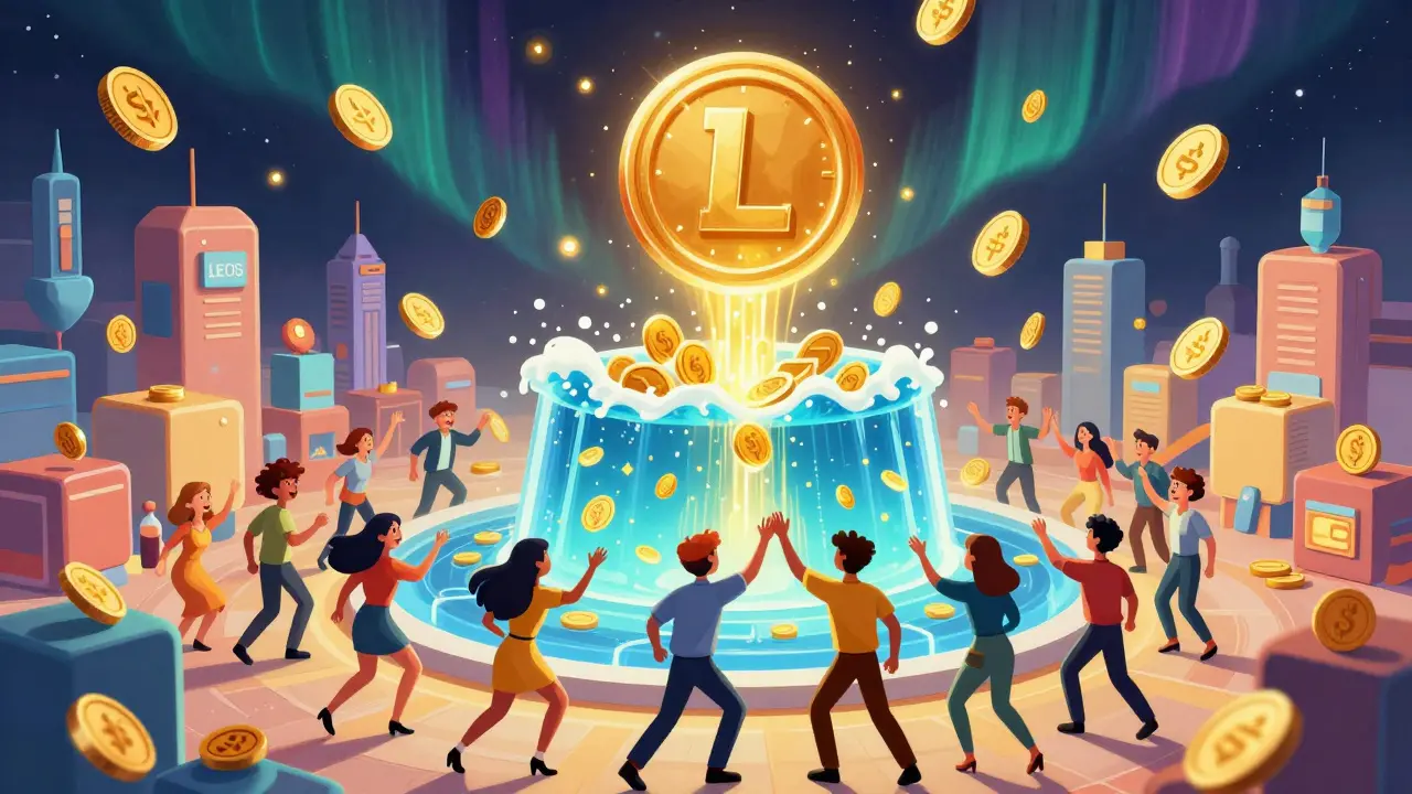 Celebratory DeFi city with floating LEOS tokens and a glowing liquidity pool at its heart.