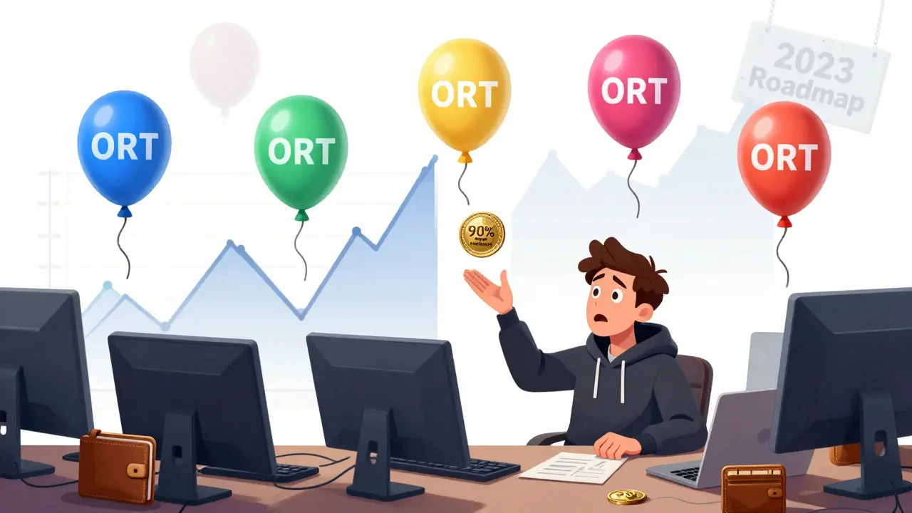 Chaotic trading scene with wild ORT price balloons, a confused trader, and empty wallets as a faded roadmap disappears.