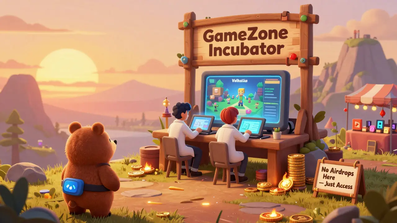 Digital clubhouse incubating blockchain games, with burned tokens and NFT marketplace below.