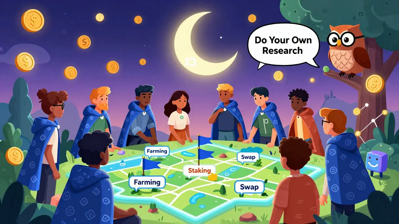 Diverse group planting flags on a digital map under a QUBE-shaped moon, wise owl perched on a smart contract tree.