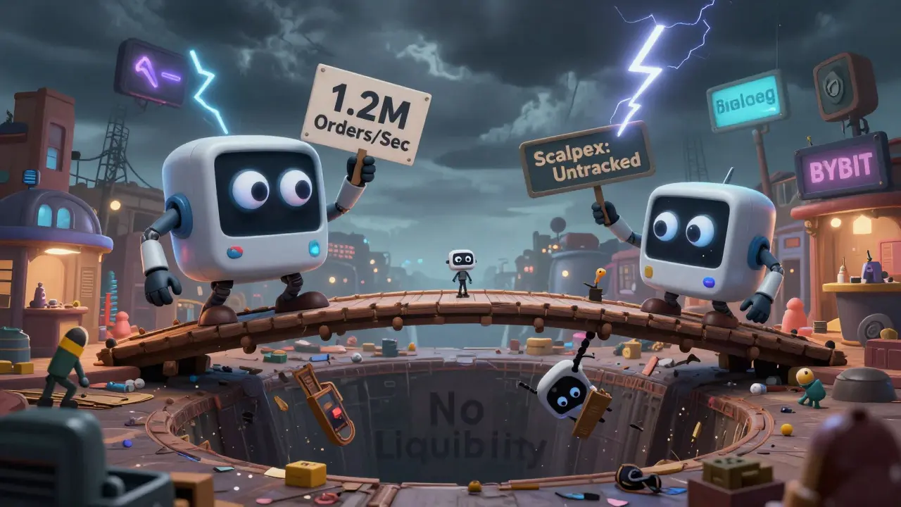 Exaggerated trading bots on a collapsing bridge over a pit labeled 'No Liquidity', with 'Scalpex: Untracked' sign in the distance.