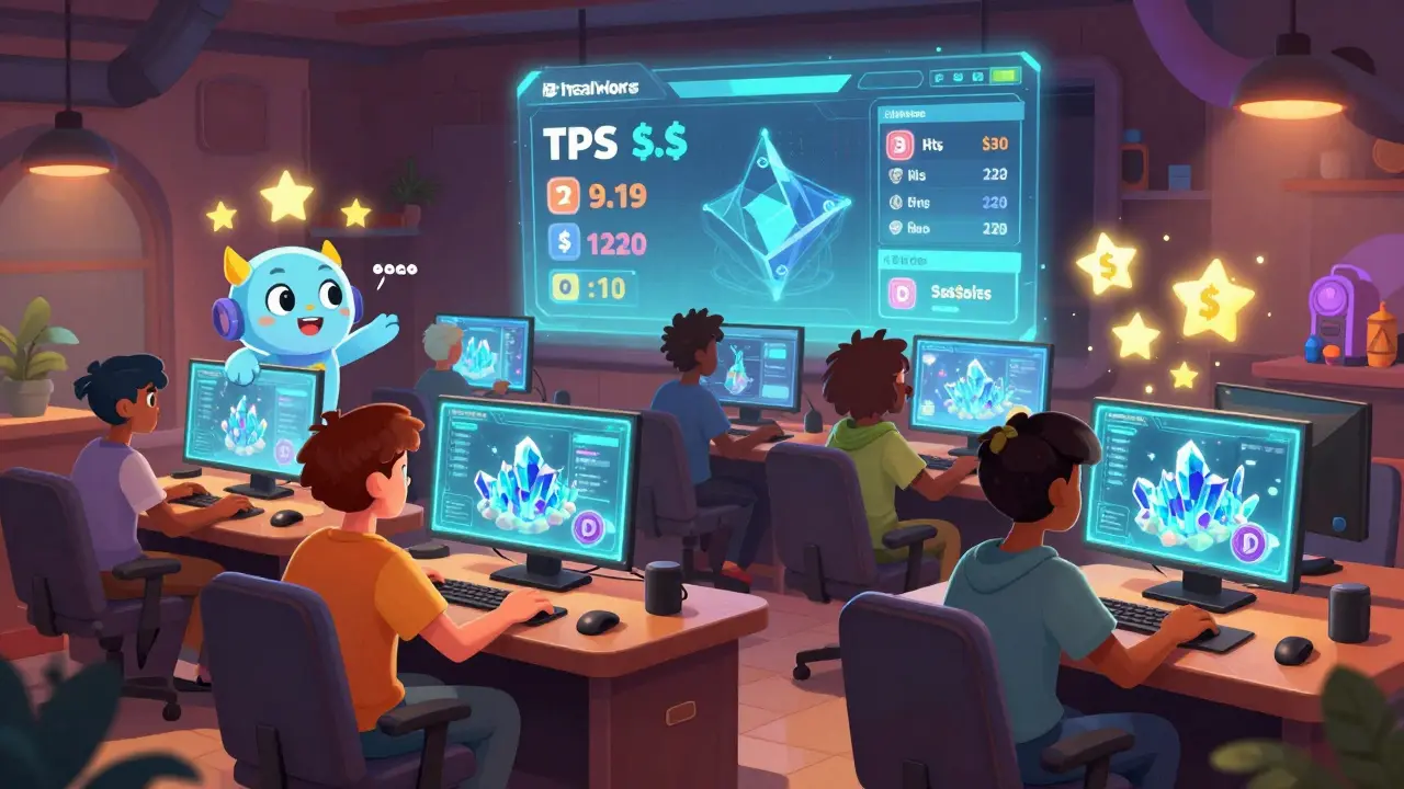 Gamers in a neon lounge interact with holographic Mines of Dalarnia, staking $D as AI companions assist them.