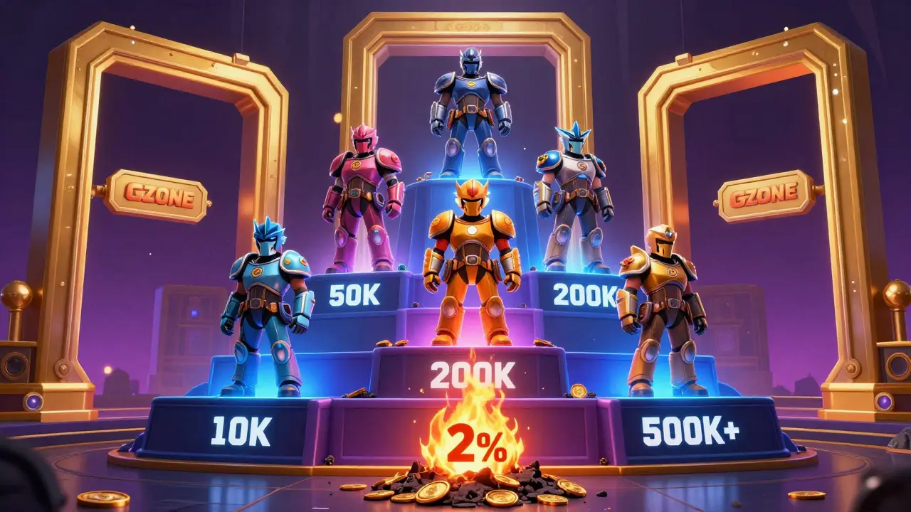 Gamers on tiered pyramid with glowing token amounts, accessing golden portals to new game launches.