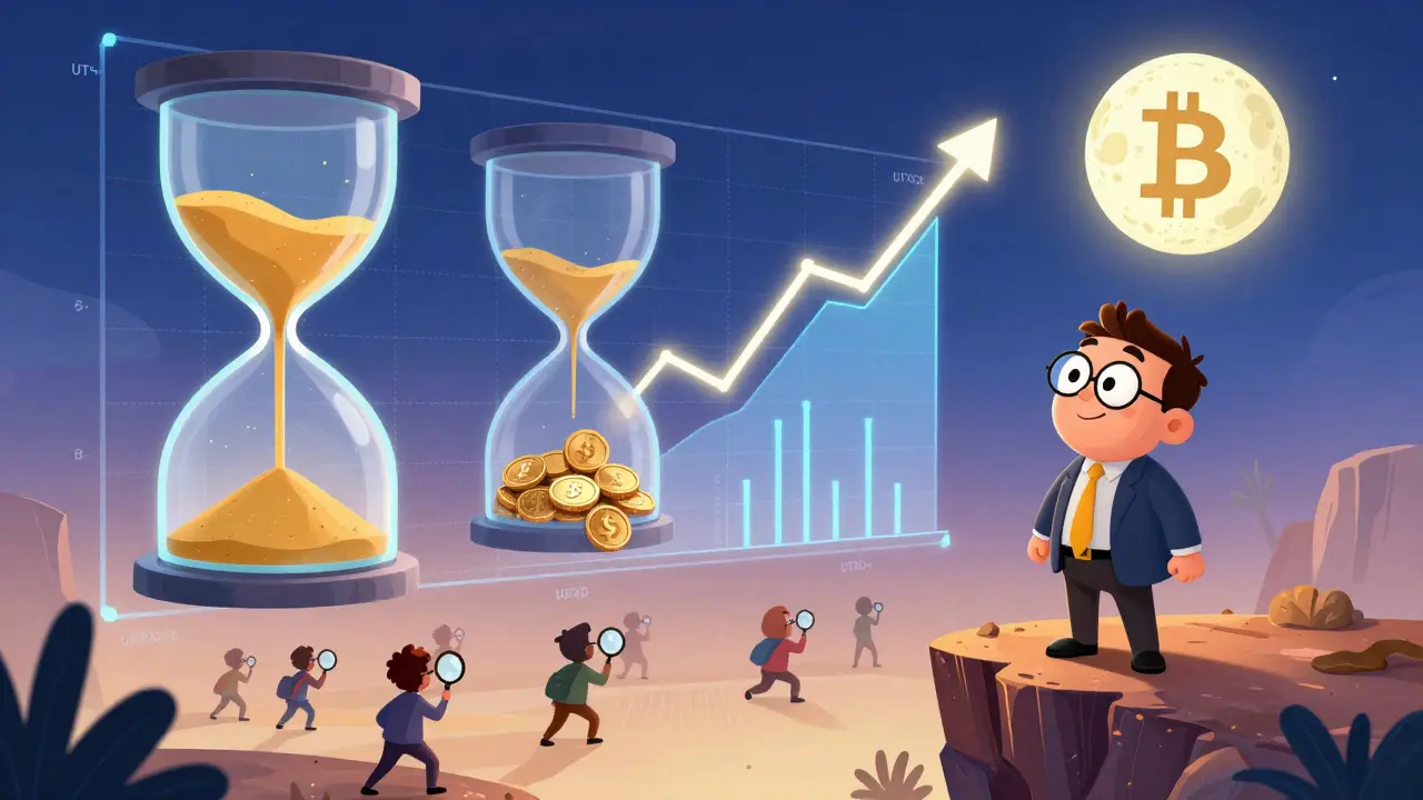 Investor watching animated UTXO age hourglasses in the sky, with one rapidly emptying as price rises.