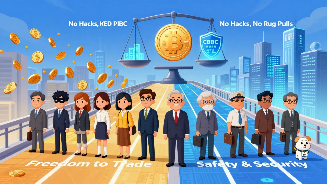 Korean traders crossing a bridge from chaotic foreign exchanges to a secure digital CBDC city under a safety scale.