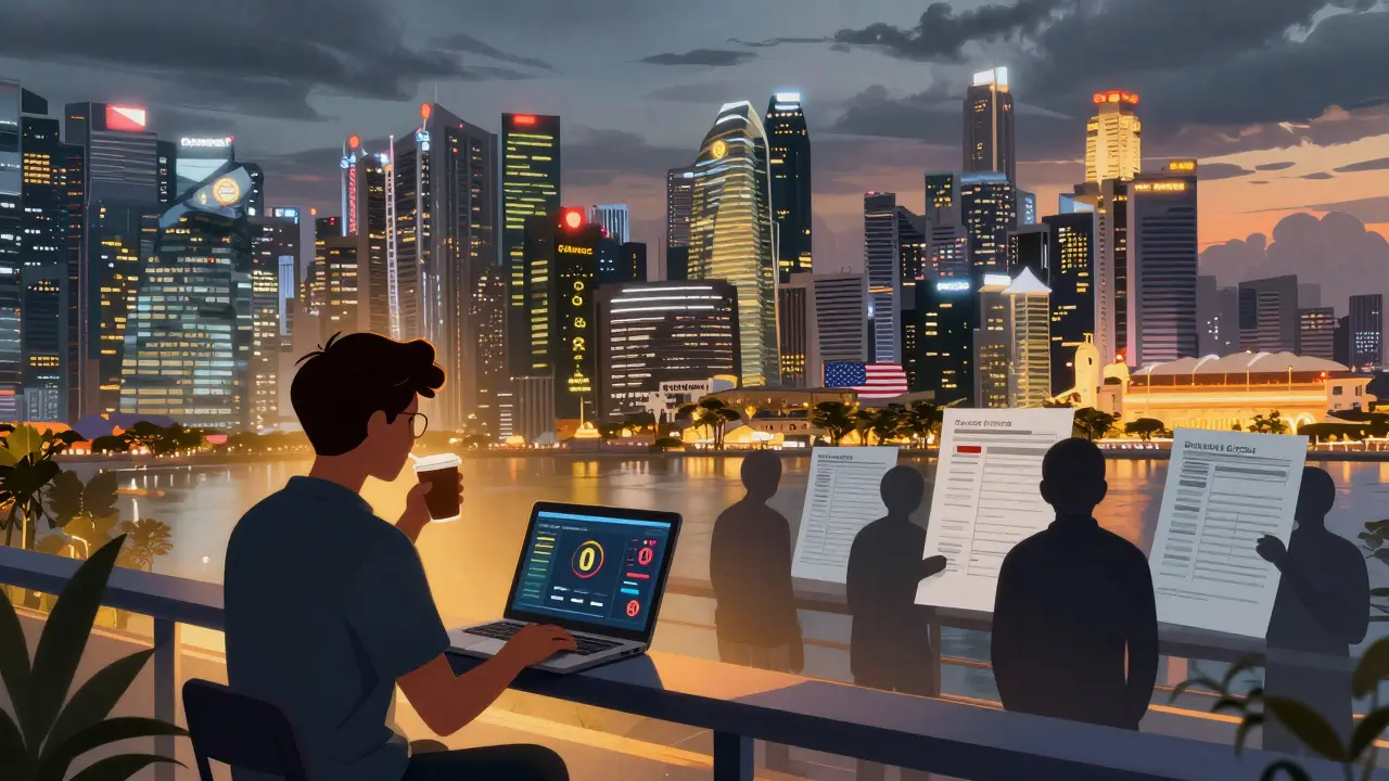 Singapore skyline at dusk with crypto exchanges glowing, a digital nomad on a balcony, while other countries struggle with tax paperwork.