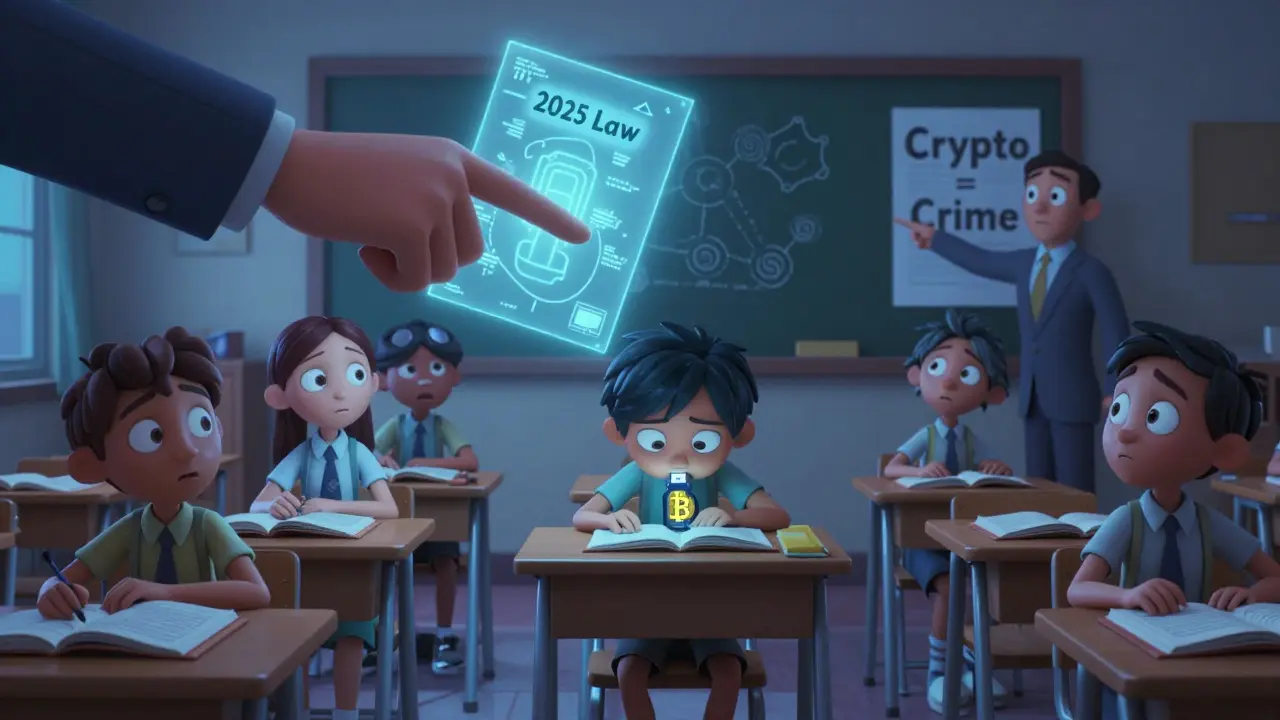 Students in a classroom as blockchain diagrams vanish, one hides a Bitcoin USB drive.