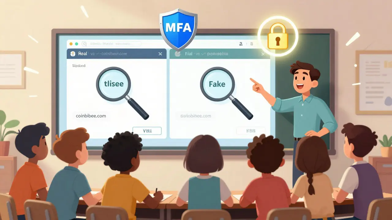 Students learning to spot fake crypto sites with an educator, highlighted by a glowing whiteboard comparison.