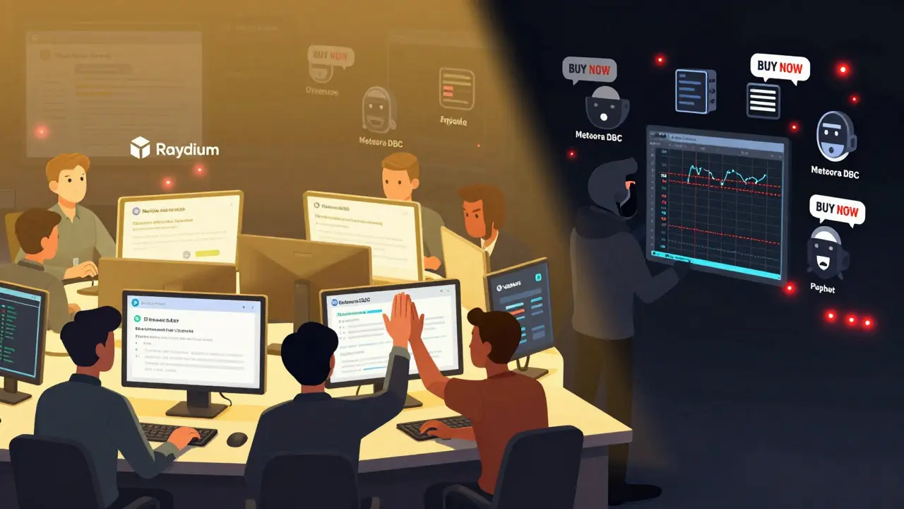 Traders on verified platforms celebrate while a shadowy figure tries to inject fake data into a trading system.