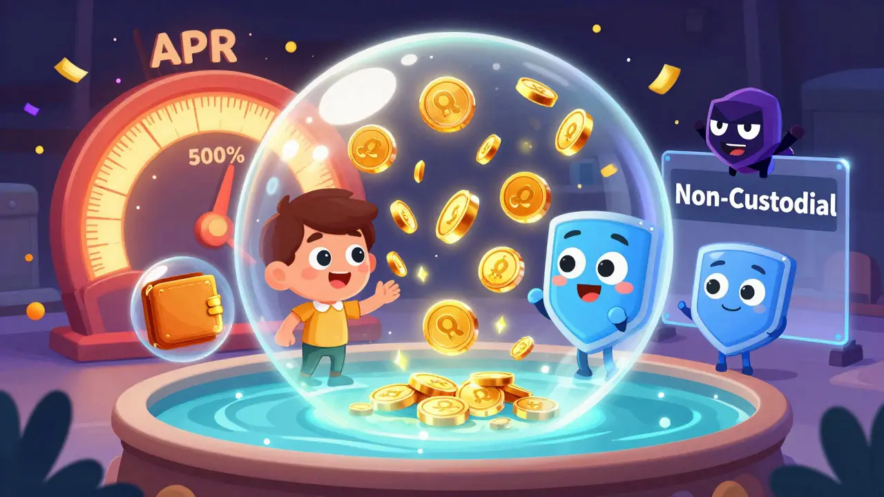 Two users adding tokens to a glowing liquidity pool with QUBE tokens raining down, smart contract with googly eyes smiling nearby.