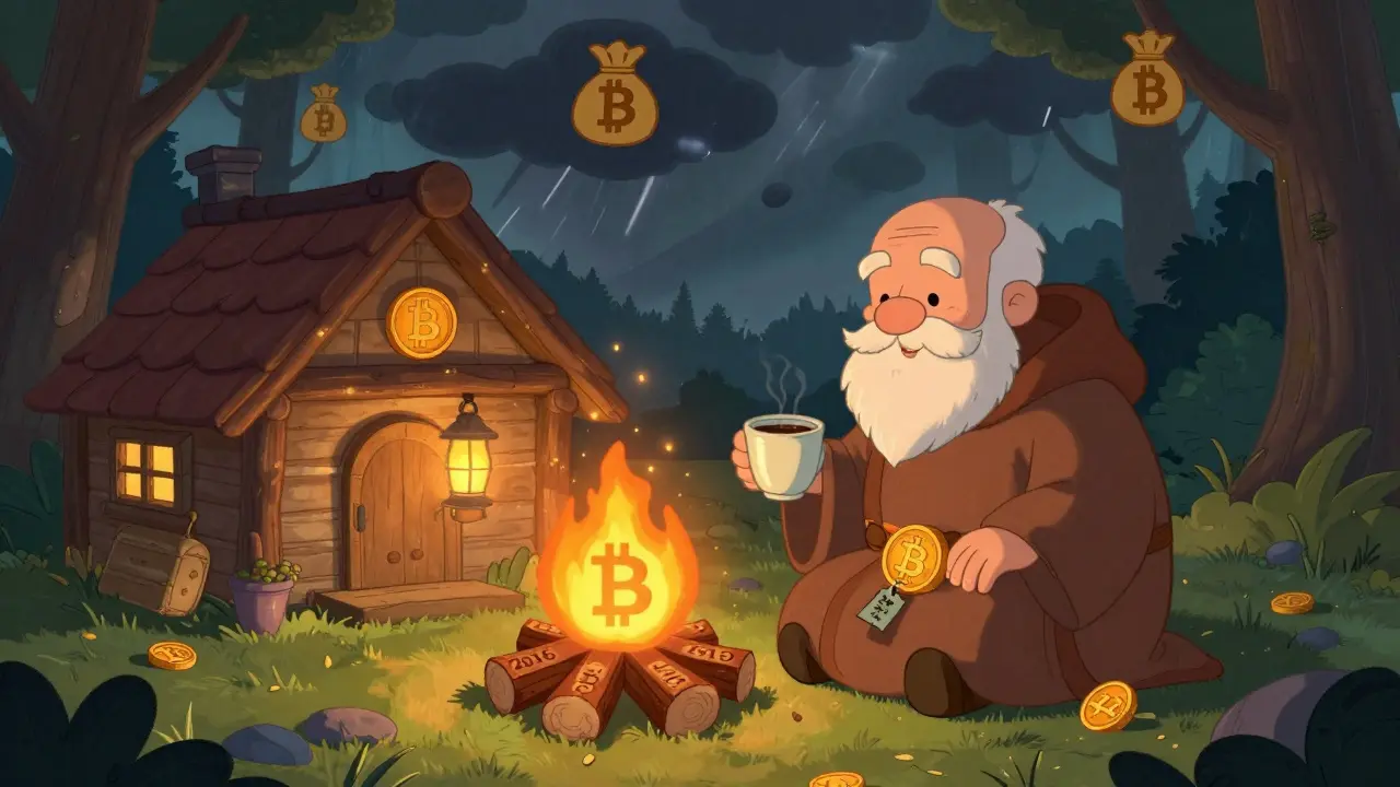 Wise HODLer tending a fire of old UTXO logs, with a sleeping 5+ year coin on his lap in a cozy cabin.