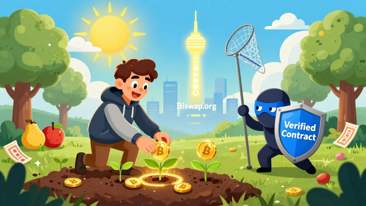 A cartoon farmer harvesting BSW tokens from a glowing liquidity farm on a digital blockchain landscape.