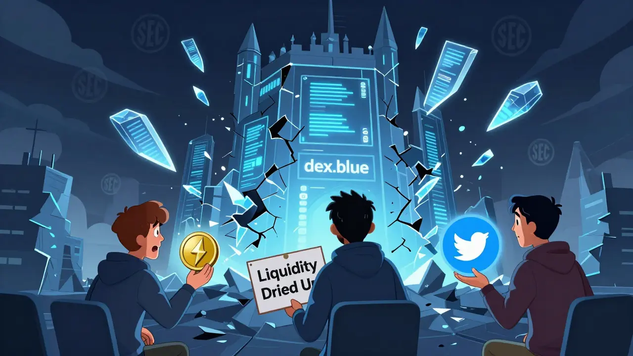 A collapsing digital fortress labeled 'dex.blue' as traders watch helplessly, with a silent Twitter icon and falling smart contract blocks.