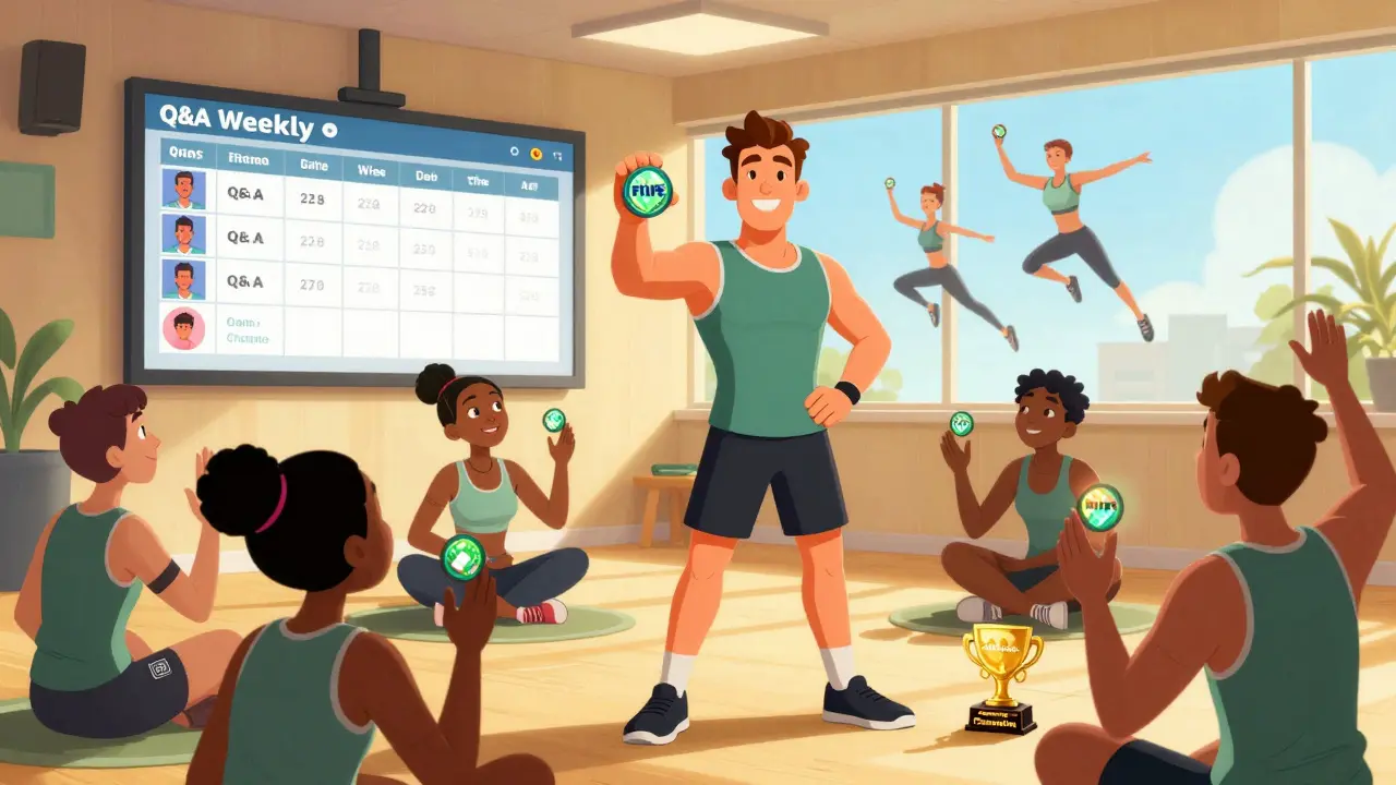 A fitness coach gives out glowing tokens to followers in a sunlit studio with digital workout plans floating nearby.