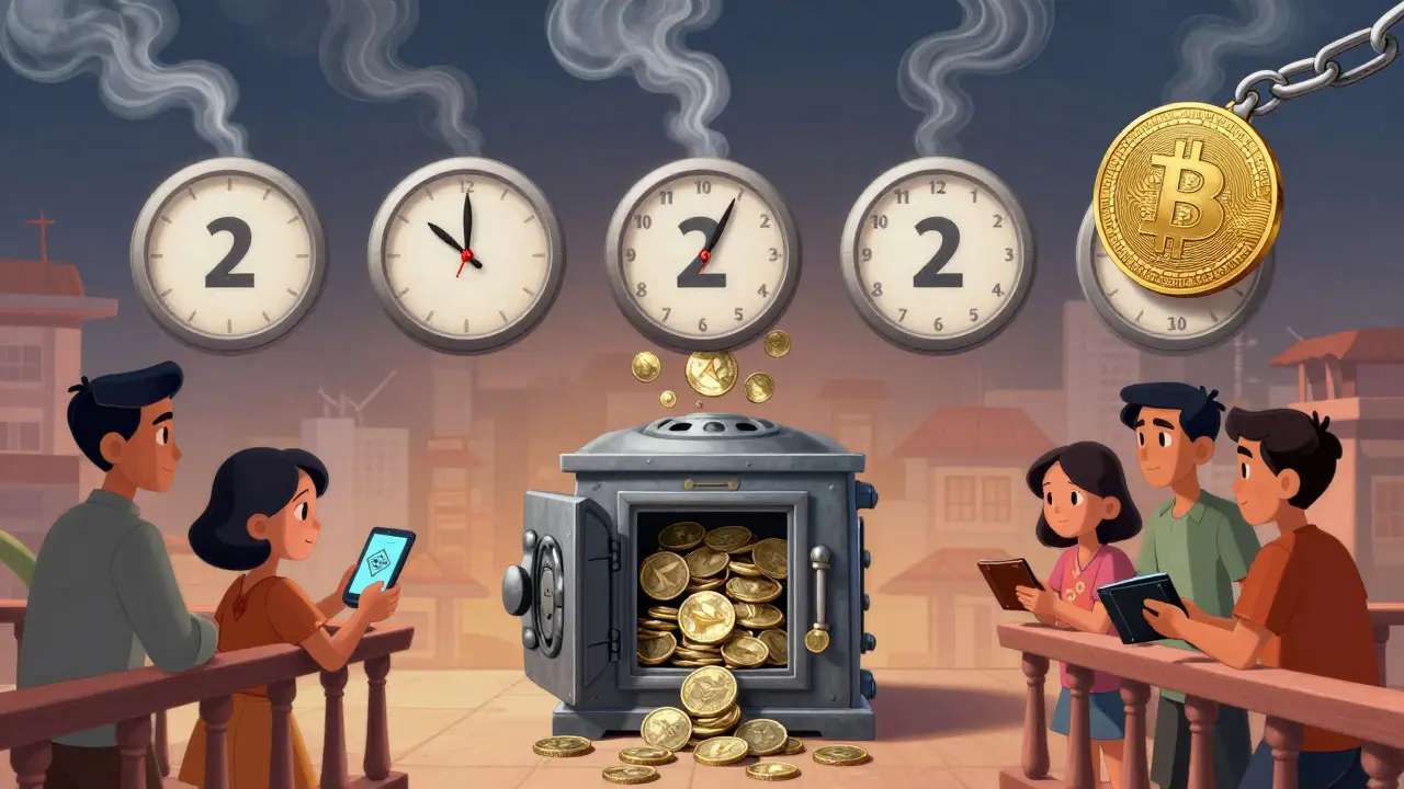 A five-year countdown clock with Vietnamese dong flowing into a bank vault while crypto tokens are chained to VND-only trading pairs.