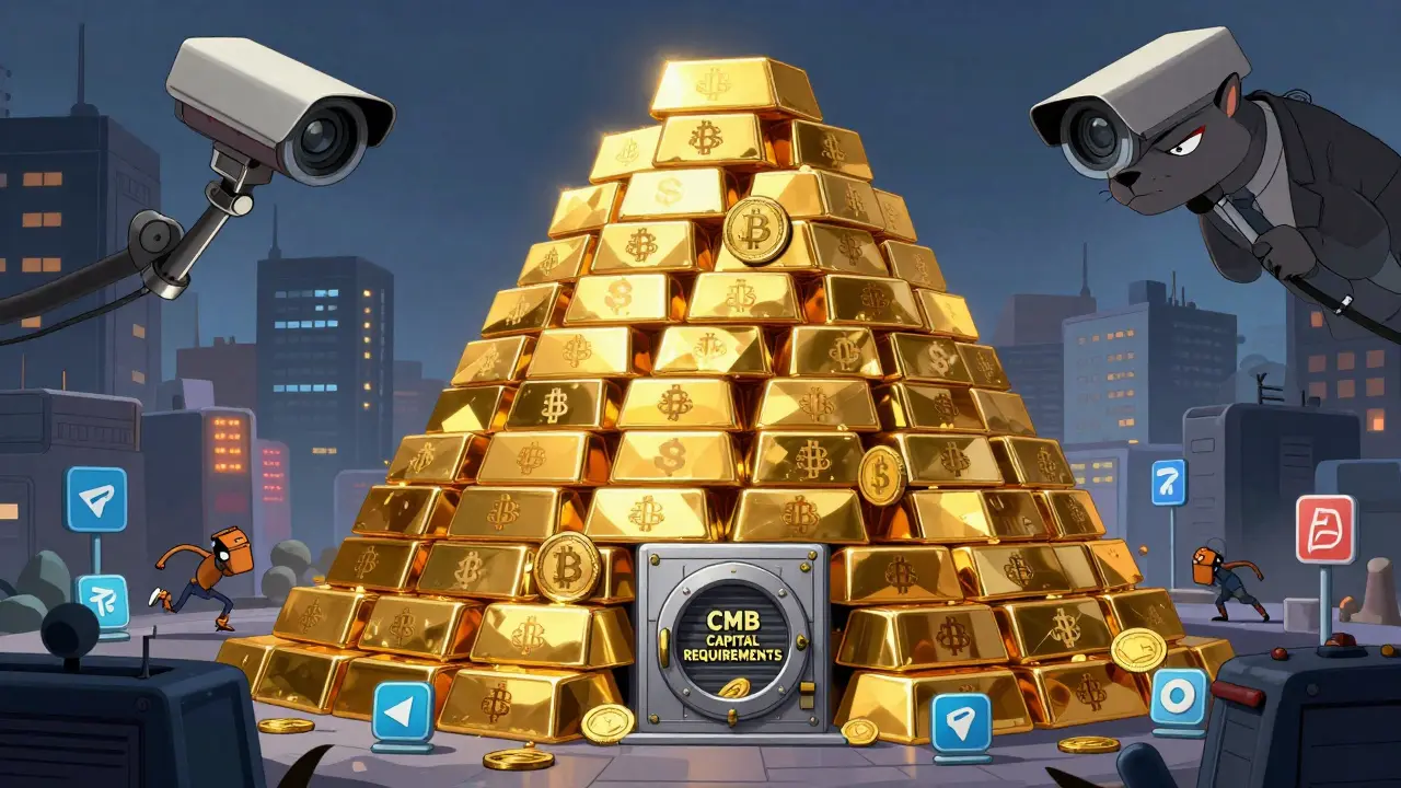 A fortress of crypto symbols towers over licensed exchanges paying massive lira fees to a government vault.