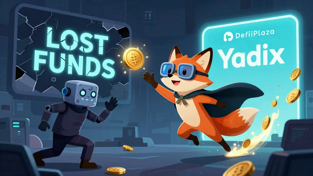 A fox-like MEV bot named Yoink intercepts a thief, tossing an ETH bribe to a validator while stolen tokens float nearby, with broken Ethereum and glowing Radix chains in the background.