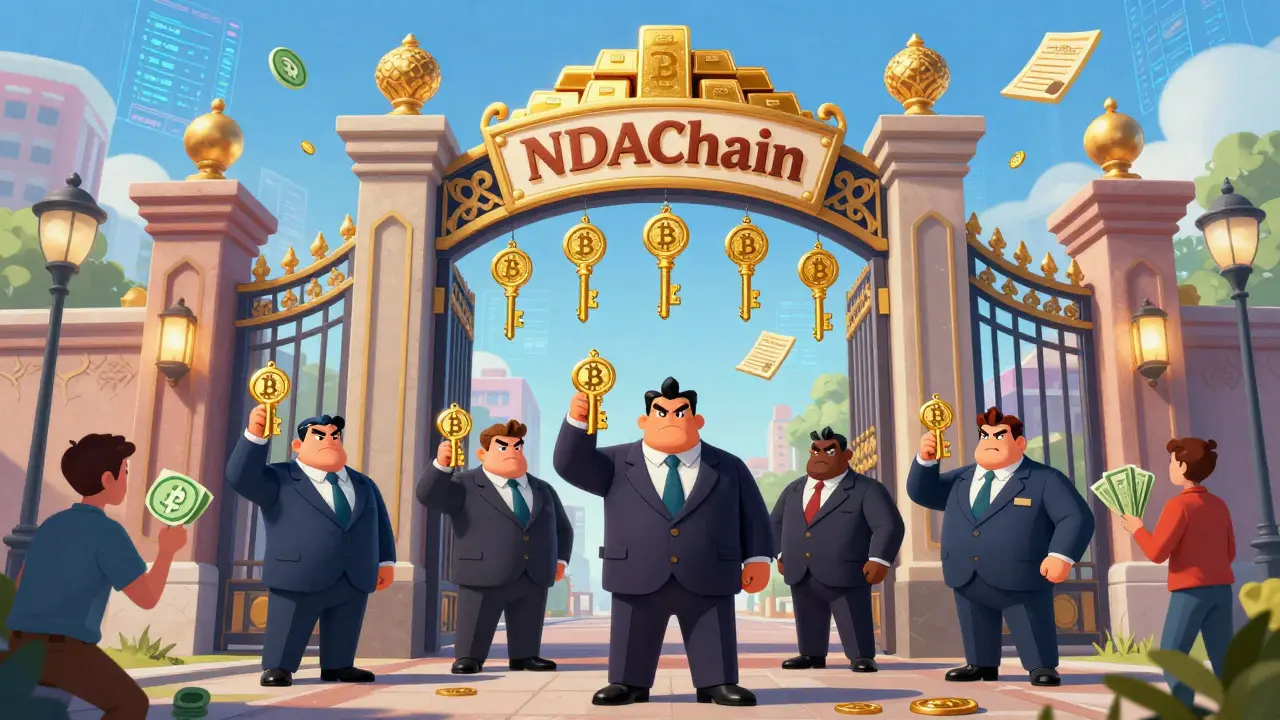 A giant NDAChain gate guarded by bank officials, with tokenized assets inside and people trading Bitcoin with cash outside.