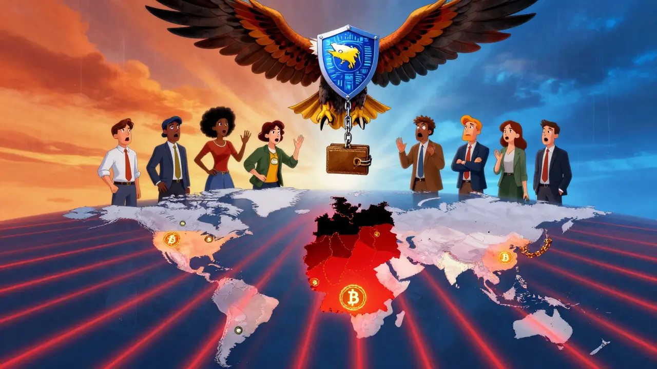 A global map pulses with warning waves as a German eagle drops chains binding crypto wallets.