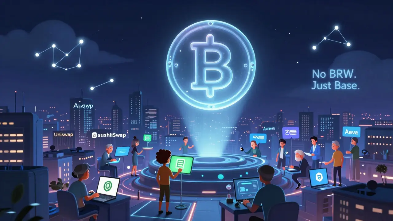A glowing 'B' token casts light over a digital city of DeFi apps in DreamWorks cartoon style.