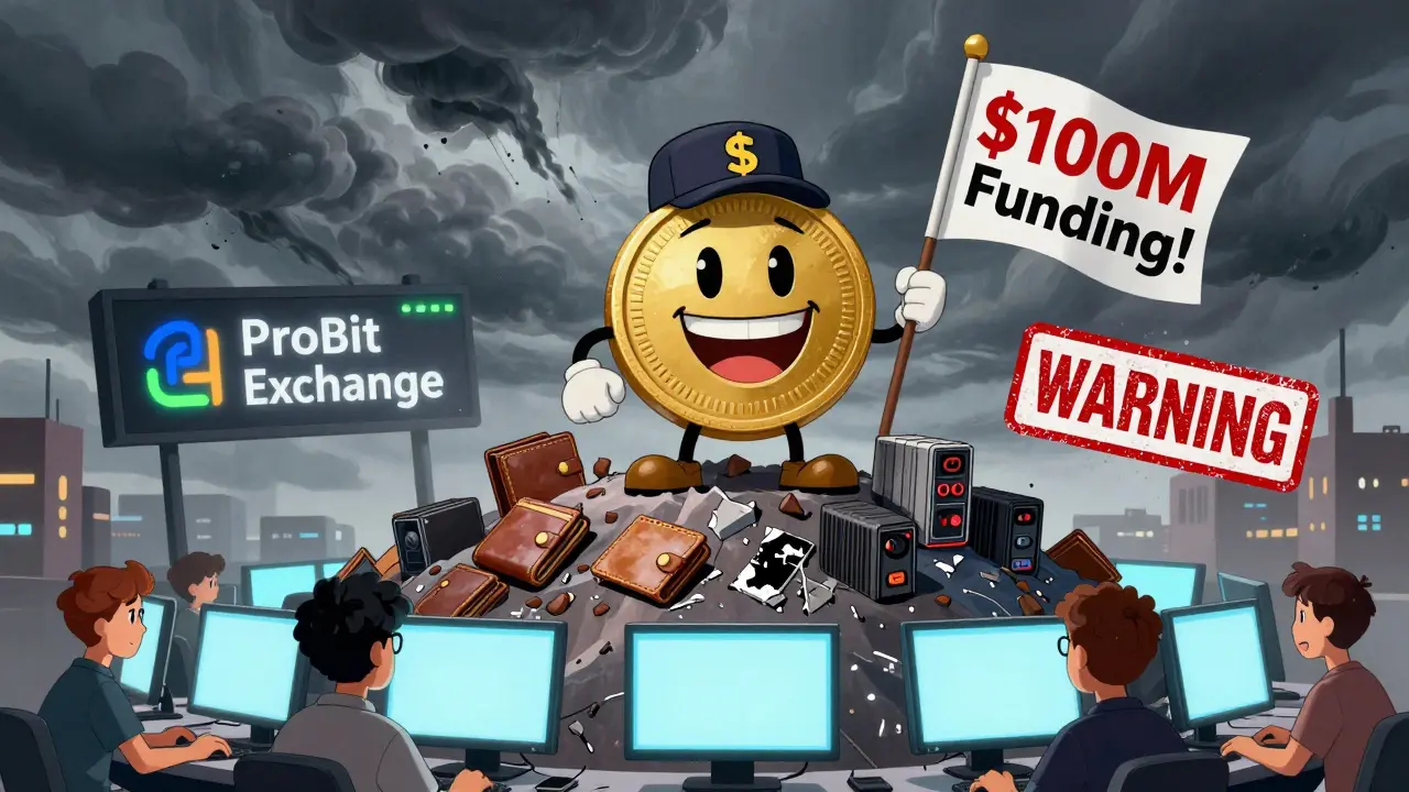 A grinning CPUcoin mascot stands on a pile of failed mining rigs under a 'SEC WARNING' cloud in DreamWorks cartoon style.