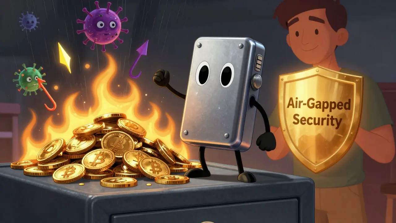 A heroic hardware wallet protecting crypto coins from hacking attacks inside a fireproof safe.