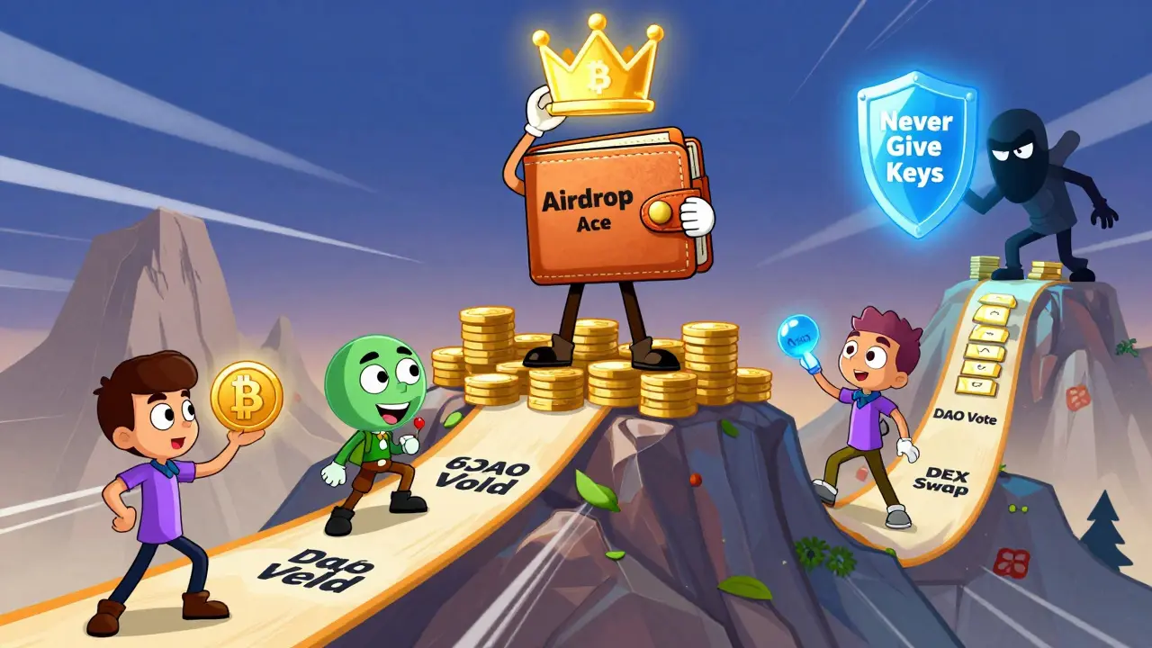 A heroic wallet wearing a token crown surrounded by users performing DeFi actions like voting and swapping, while a scammer tries to steal a seed phrase.