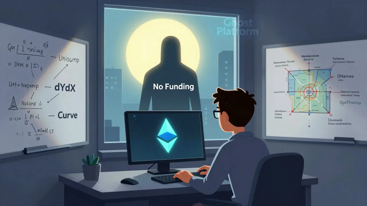 A lone developer watching a dying blockchain node, while shadowy 'No Funding' looms and rival DEXs glow in the distance.